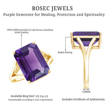 Load image into Gallery viewer, Certified 9 Carat Emerald Cut Lab Grown Amethyst Engagement Ring