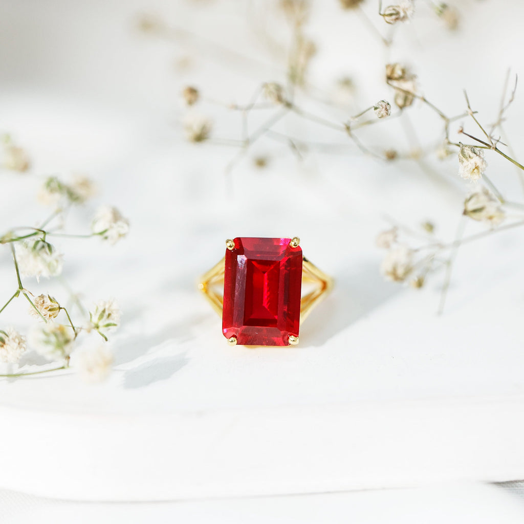 Certified 5 Carat Emerald Cut Lab Grown Ruby Engagement Ring with Split Shank