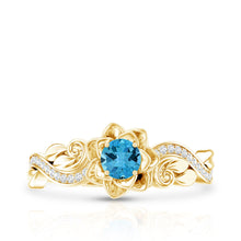 Load image into Gallery viewer, Natural Swiss Blue Topaz Flower Engagement Ring in Gold Plated Silver