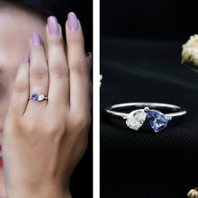 Load image into Gallery viewer, Pear Shaped Tanzanite Moissanite Two Stone Promise Ring in Silver