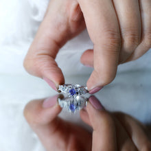 Load image into Gallery viewer, Certified Tanzanite and Diamond Flower Engagement Ring in Silver