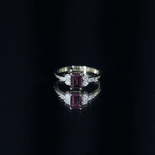 Load image into Gallery viewer, Certified Rhodolite Emerald Cut Engagement Ring with Diamond Trio