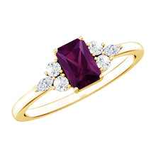 Load image into Gallery viewer, Certified Rhodolite Emerald Cut Engagement Ring with Diamond Trio