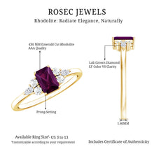 Load image into Gallery viewer, Certified Rhodolite Emerald Cut Engagement Ring with Diamond Trio