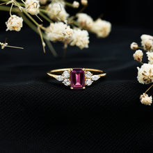 Load image into Gallery viewer, Certified Rhodolite Emerald Cut Engagement Ring with Diamond Trio