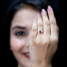 Load image into Gallery viewer, Certified Rhodolite Emerald Cut Engagement Ring with Diamond Trio