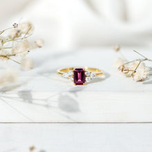 Load image into Gallery viewer, Certified Rhodolite Emerald Cut Engagement Ring with Diamond Trio