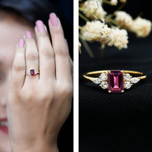 Load image into Gallery viewer, Certified Rhodolite Emerald Cut Engagement Ring with Diamond Trio