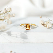 Load image into Gallery viewer, Natural 0.6 Carat Citrine Emerald Cut Engagement Ring with Diamond Trio