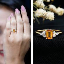Load image into Gallery viewer, Natural 0.6 Carat Citrine Emerald Cut Engagement Ring with Diamond Trio