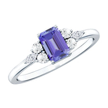 Load image into Gallery viewer, Genuine Tanzanite and Diamond Emerald Cut Engagement Ring in Silver