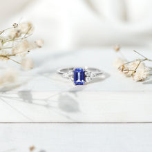 Load image into Gallery viewer, Genuine Tanzanite and Diamond Emerald Cut Engagement Ring in Silver