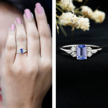 Load image into Gallery viewer, Genuine Tanzanite and Diamond Emerald Cut Engagement Ring in Silver