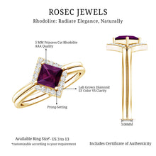 Load image into Gallery viewer, Rhodolite Garnet Princess Cut Engagement Ring with Diamond Enhancer
