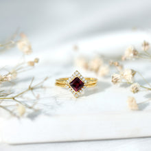 Load image into Gallery viewer, Rhodolite Garnet Princess Cut Engagement Ring with Diamond Enhancer
