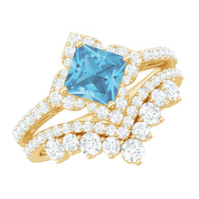 Load image into Gallery viewer, Genuine Princess Cut Swiss Blue Topaz Floral Wedding Ring Set in Silver