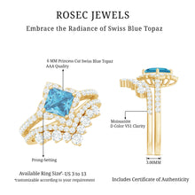 Load image into Gallery viewer, Genuine Princess Cut Swiss Blue Topaz Floral Wedding Ring Set in Silver