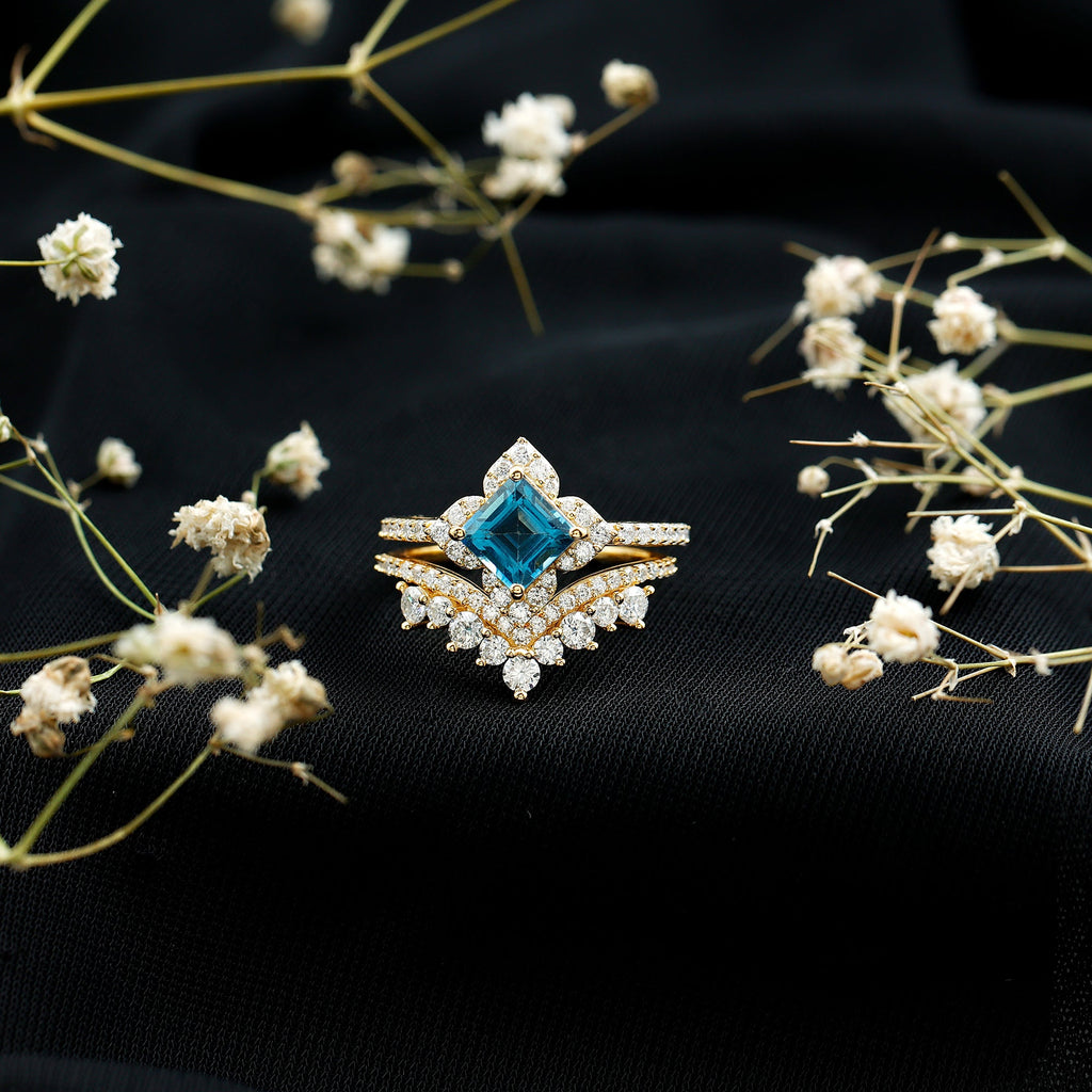 Genuine Princess Cut Swiss Blue Topaz Floral Wedding Ring Set in Silver