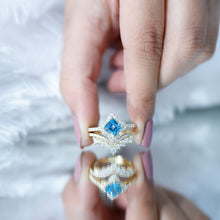 Load image into Gallery viewer, Genuine Princess Cut Swiss Blue Topaz Floral Wedding Ring Set in Silver