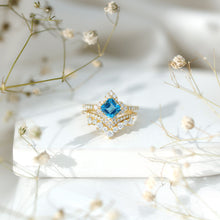 Load image into Gallery viewer, Genuine Princess Cut Swiss Blue Topaz Floral Wedding Ring Set in Silver