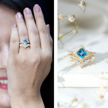 Load image into Gallery viewer, Genuine Princess Cut Swiss Blue Topaz Floral Wedding Ring Set in Silver
