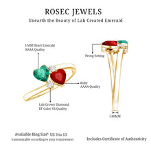 Load image into Gallery viewer, Certified Lab Grown Ruby and Emerald 2 Stone Heart Promise Ring in Silver