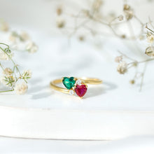 Load image into Gallery viewer, Certified Lab Grown Ruby and Emerald 2 Stone Heart Promise Ring in Silver