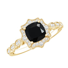 Load image into Gallery viewer, Black Onyx Vintage Looking Engagement Ring with Lab Diamond Halo