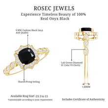 Load image into Gallery viewer, Black Onyx Vintage Looking Engagement Ring with Lab Diamond Halo