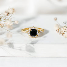 Load image into Gallery viewer, Black Onyx Vintage Looking Engagement Ring with Lab Diamond Halo