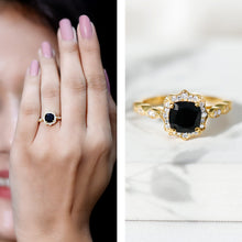 Load image into Gallery viewer, Black Onyx Vintage Looking Engagement Ring with Lab Diamond Halo