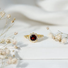 Load image into Gallery viewer, Garnet Vintage Engagement Ring with Lab Diamond Halo