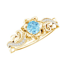 Load image into Gallery viewer, Natural Aquamarine and Diamond Flower Engagement Ring in Gold Plated Silver