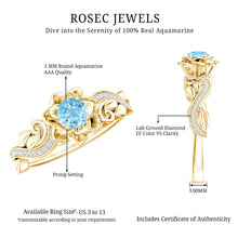 Load image into Gallery viewer, Natural Aquamarine and Diamond Flower Engagement Ring in Gold Plated Silver
