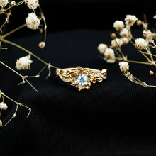 Load image into Gallery viewer, Natural Aquamarine and Diamond Flower Engagement Ring in Gold Plated Silver
