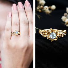 Load image into Gallery viewer, Natural Aquamarine and Diamond Flower Engagement Ring in Gold Plated Silver