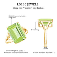 Load image into Gallery viewer, 8 Carat Lab Created Peridot Emerald Cut Engagement Ring with Split Shank
