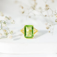 Load image into Gallery viewer, 8 Carat Lab Created Peridot Emerald Cut Engagement Ring with Split Shank