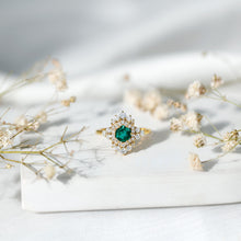Load image into Gallery viewer, Lab Grown Emerald and Diamond Vintage Engagement Ring in Silver