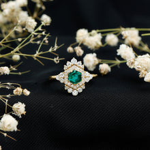 Load image into Gallery viewer, Lab Grown Emerald and Diamond Vintage Engagement Ring in Silver