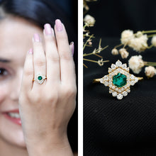 Load image into Gallery viewer, Lab Grown Emerald and Diamond Vintage Engagement Ring in Silver