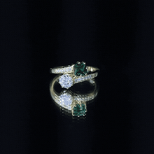 Load image into Gallery viewer, Lab Created Emerald and Moissanite Two Stone Engagement Ring in Silver