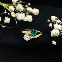 Load image into Gallery viewer, Lab Created Emerald and Moissanite Two Stone Engagement Ring in Silver