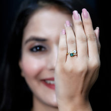 Load image into Gallery viewer, Lab Created Emerald and Moissanite Two Stone Engagement Ring in Silver