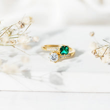 Load image into Gallery viewer, Lab Created Emerald and Moissanite Two Stone Engagement Ring in Silver