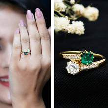 Load image into Gallery viewer, Lab Created Emerald and Moissanite Two Stone Engagement Ring in Silver