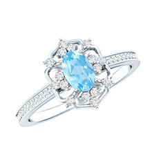 Load image into Gallery viewer, Vintage Style Aquamarine and Diamond Engagement Ring in Gold Plated Silver