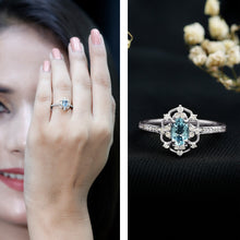 Load image into Gallery viewer, Vintage Style Aquamarine and Diamond Engagement Ring in Gold Plated Silver