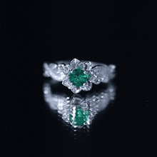 Load image into Gallery viewer, Lab Created Emerald and Diamond Flower Engagement Ring in Silver