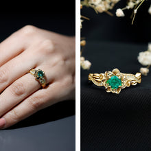 Load image into Gallery viewer, Lab Created Emerald and Diamond Flower Engagement Ring in Silver
